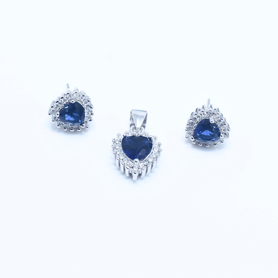 Blue Heart Illusion Silver Pendant Set