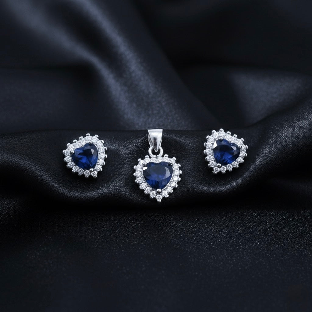 Blue Heart Pendant Set with Chain and Earrings