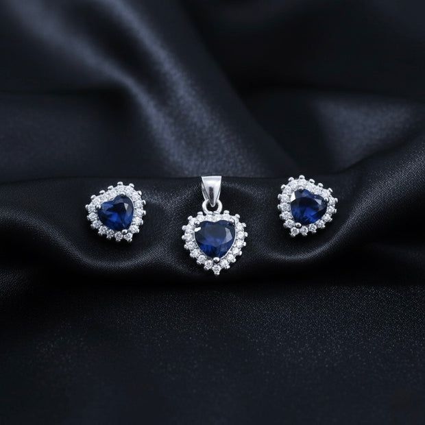 Blue Heart Illusion Silver Pendant Set