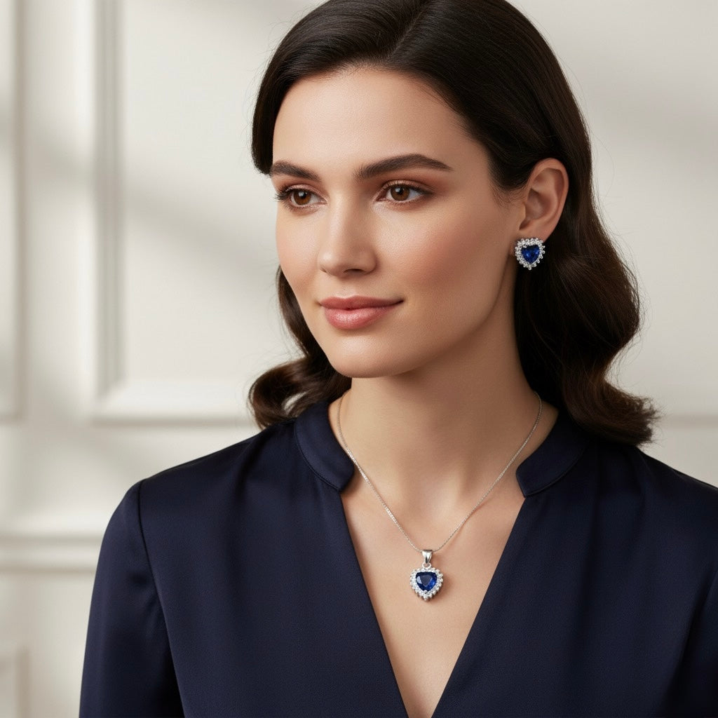 Blue Heart Pendant Set with Chain and Earrings