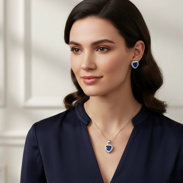 Blue Heart Illusion Silver Pendant Set