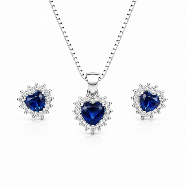 Blue Heart Pendant Set with Chain and Earrings