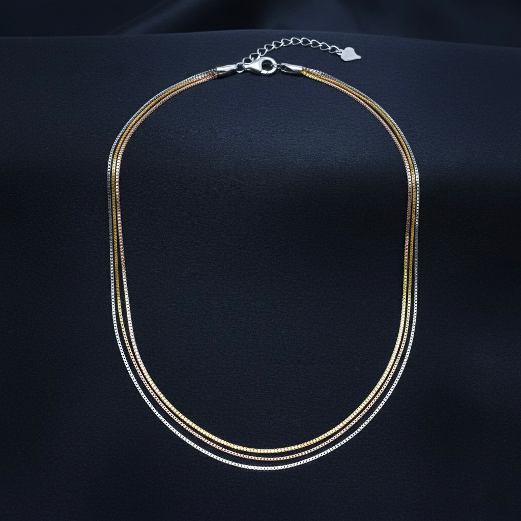 Elegant Triple-Layer 925 Silver Multi-Tone Chain Necklace