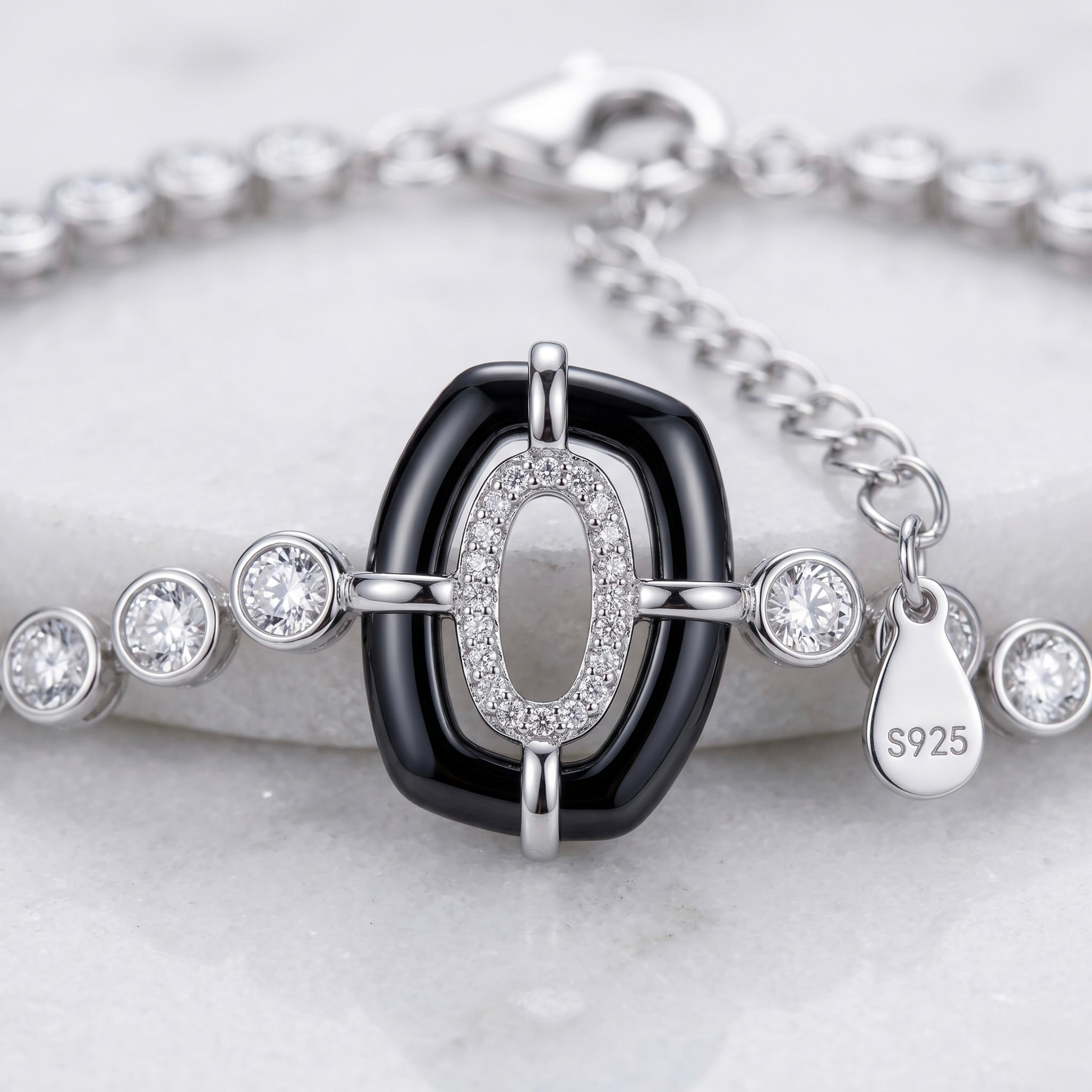Black Enamel Oval Halo Tennis Bracelet