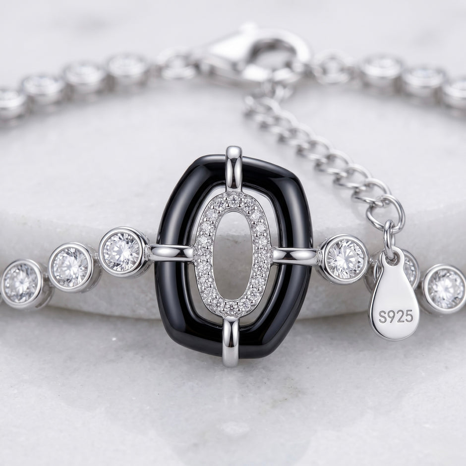 Black Enamel Oval Halo Tennis Bracelet