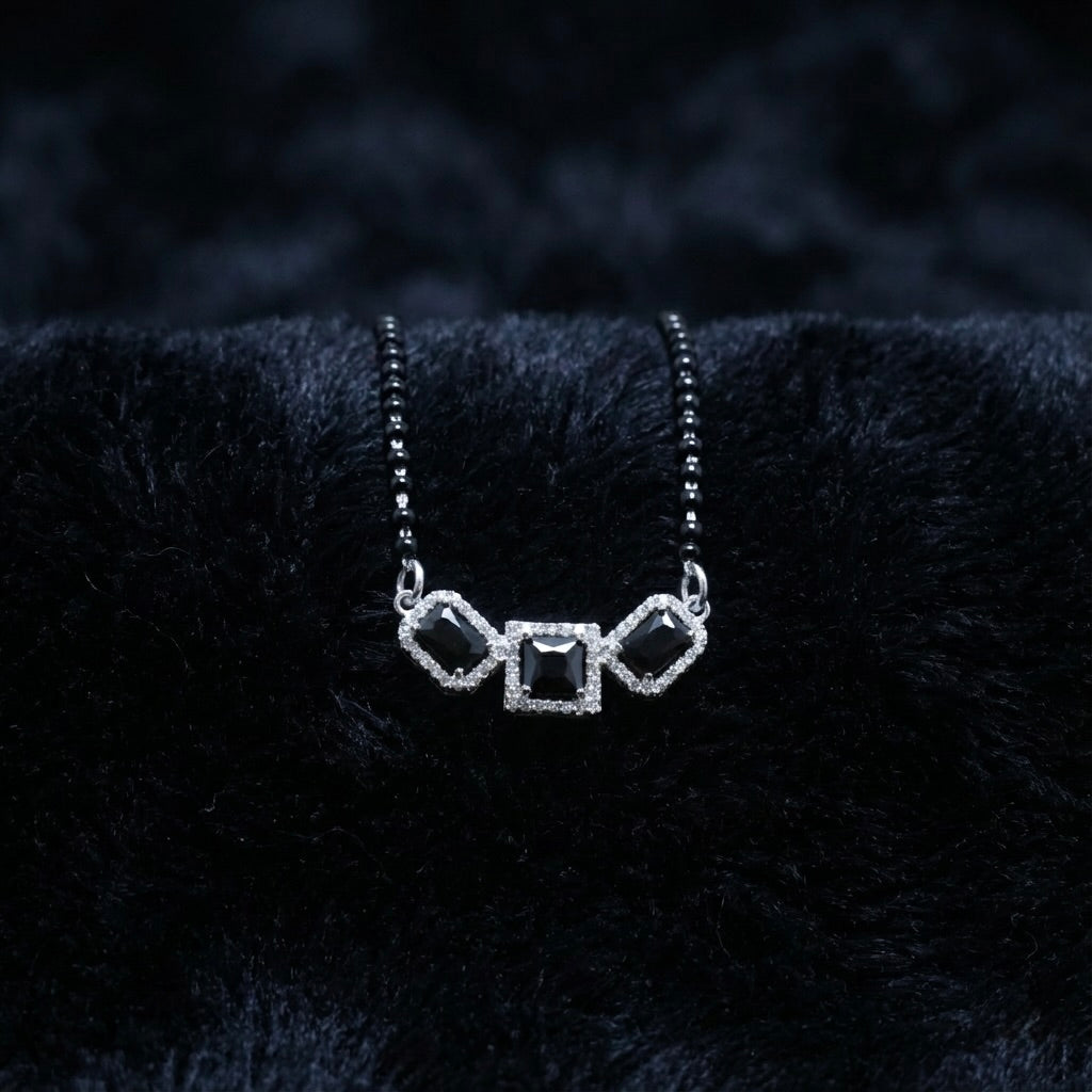 Black Stone Halo Sterling Silver Mangalsutra Set