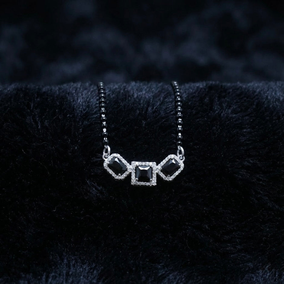 Black Stone Halo Sterling Silver Mangalsutra Set