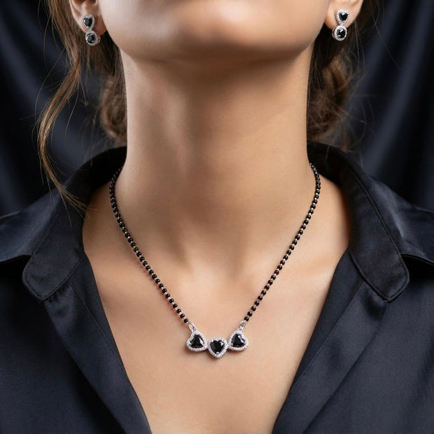 Heart Trio Black Stone Sterling Silver Mangalsutra Set