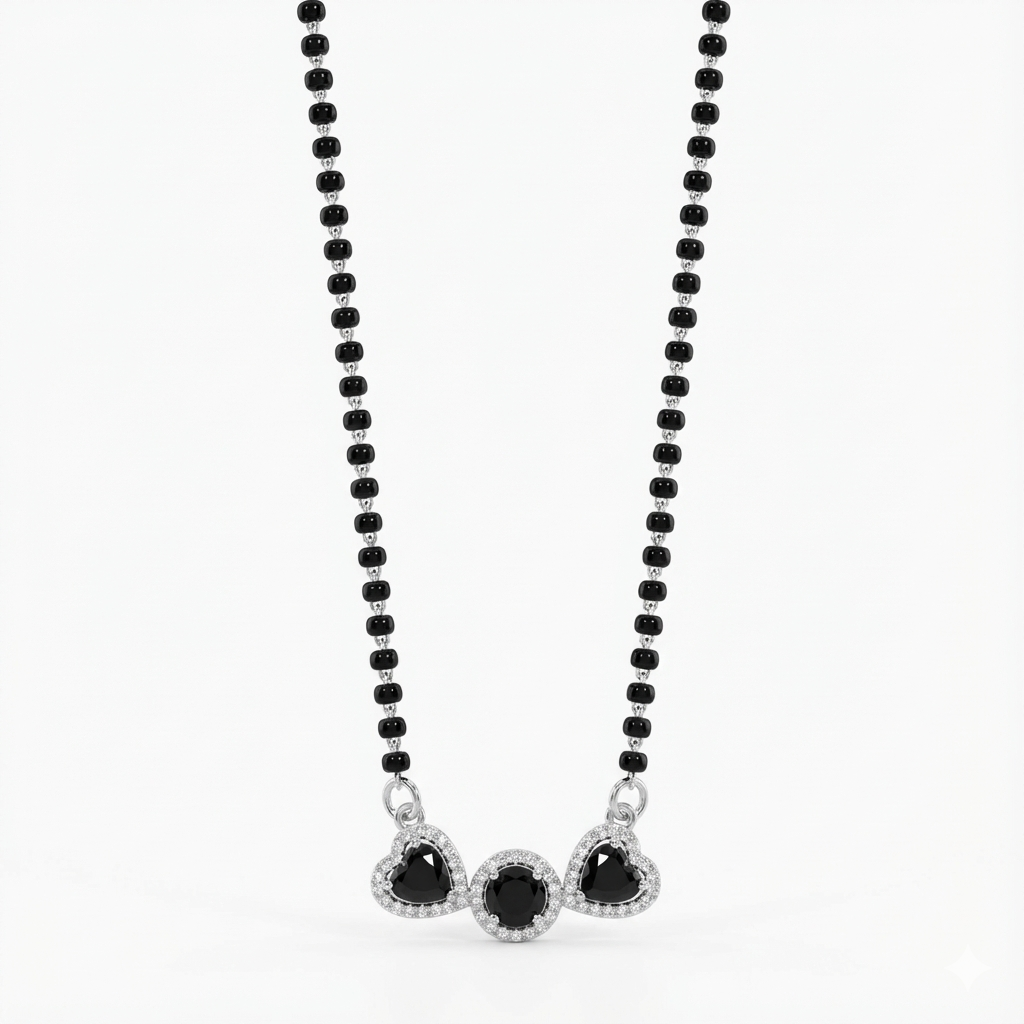Heart Trio Black Stone Sterling Silver Mangalsutra Set