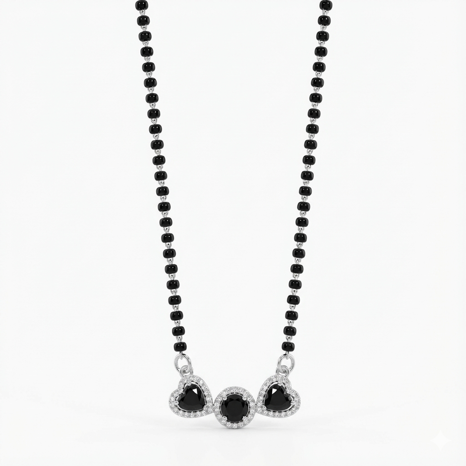 Heart Trio Black Stone Sterling Silver Mangalsutra Set