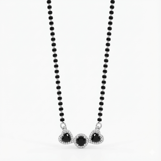 Heart Trio Black Stone Sterling Silver Mangalsutra Set