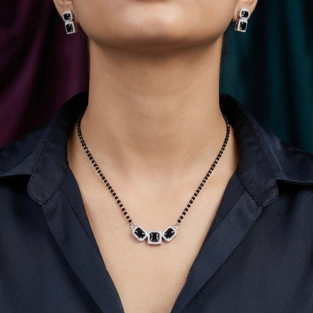 Black Stone Halo Sterling Silver Mangalsutra Set