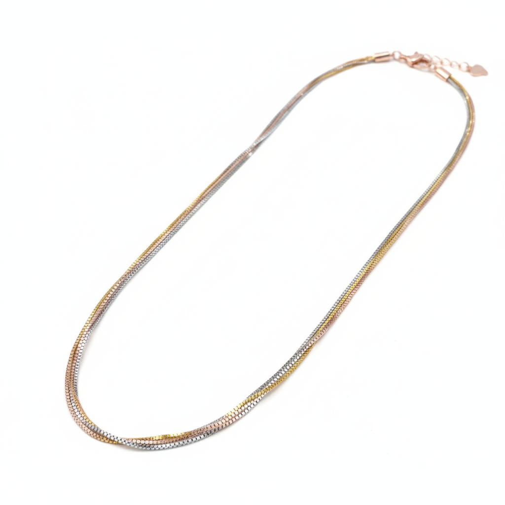 Elegant Triple-Layer 925 Silver Multi-Tone Chain Necklace