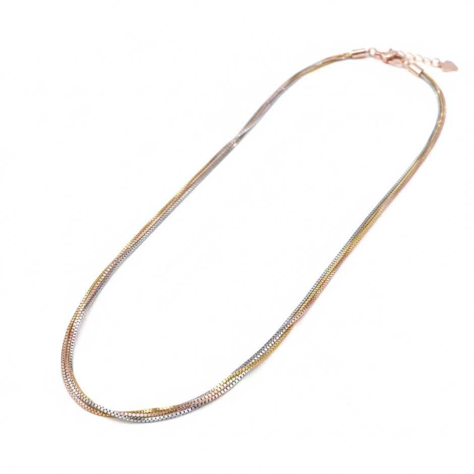 Elegant Triple-Layer 925 Silver Multi-Tone Chain Necklace