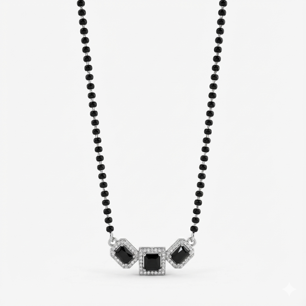 Black Stone Halo Sterling Silver Mangalsutra Set