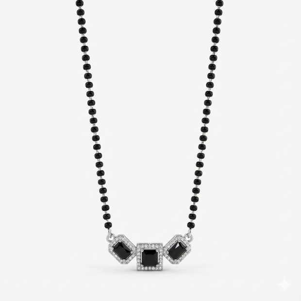 Black Stone Halo Sterling Silver Mangalsutra Set